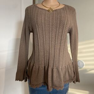 Jeanne Pierre sweater womens L tan granola girl cable knit crochet bell sleeve